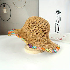 Boho Sun Hat Wide Brim Foldable Straw Bucket Hat