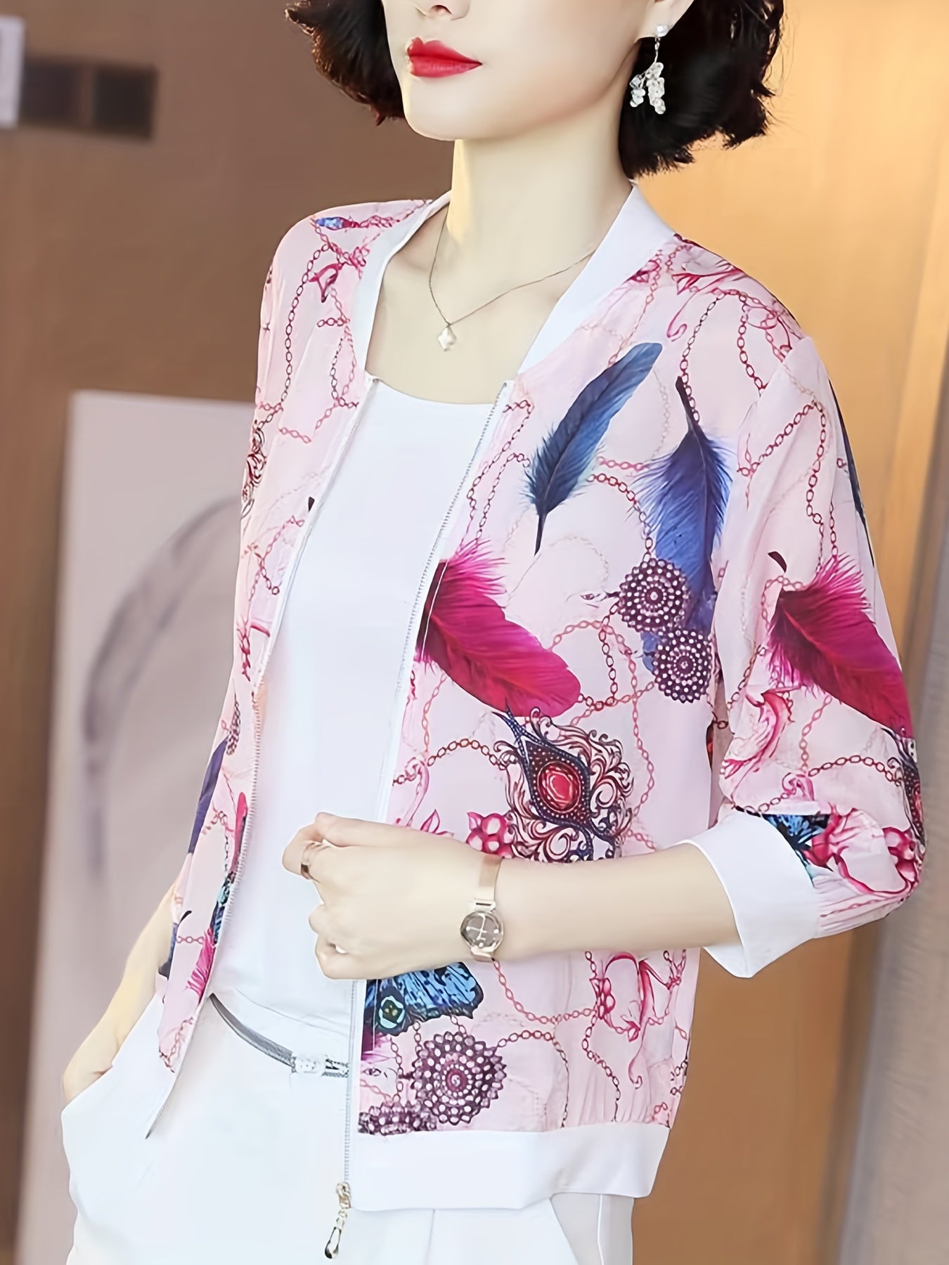 Floral Print Cover Up Shirt Long Sleeves Semi Sheer Zip Front