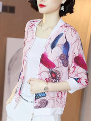Floral Print Cover Up Shirt Long Sleeves Semi Sheer Zip Front
