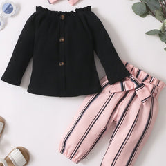3pc Off-the-shoulder Top, Stripes Pants & Headband Set for Baby Girls