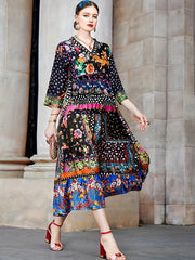 Boho Dress Womens Printed V Neck Midi Dress