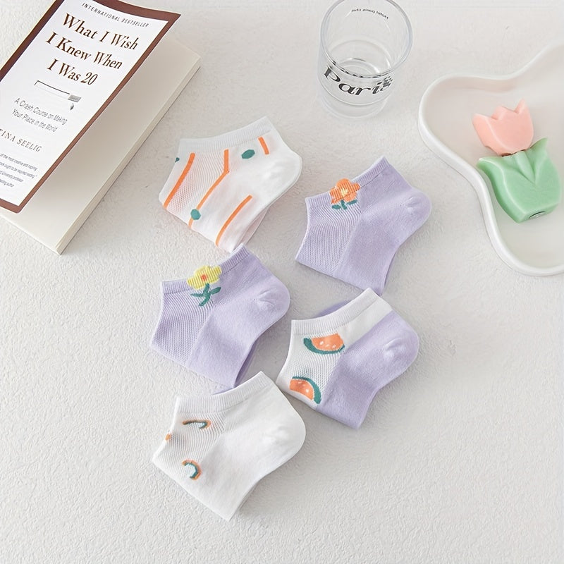 5 Pairs Floral Print Soft & Lightweight Ankle Socks Women's Stockings