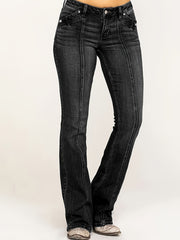 Mid Rise Flare Jeans Slash Pockets Bell Bottom Wide Leg Slim Fit Denim Pants