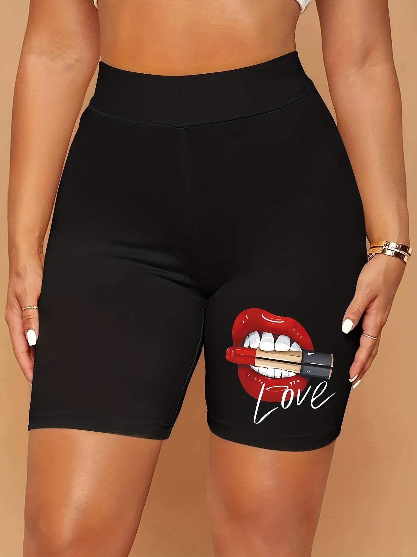 Women's Lipstick & Mouth Print High Rise Biker Shorts