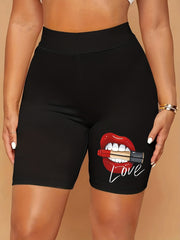 Women's Lipstick & Mouth Print High Rise Biker Shorts