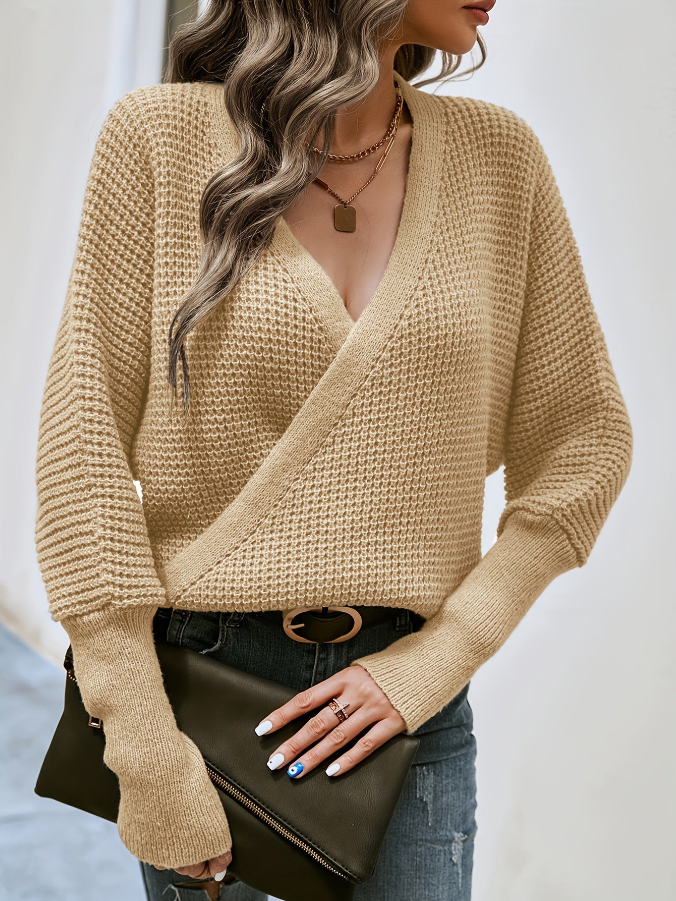 Solid Bat Sleeve Surplice Neck Jumper