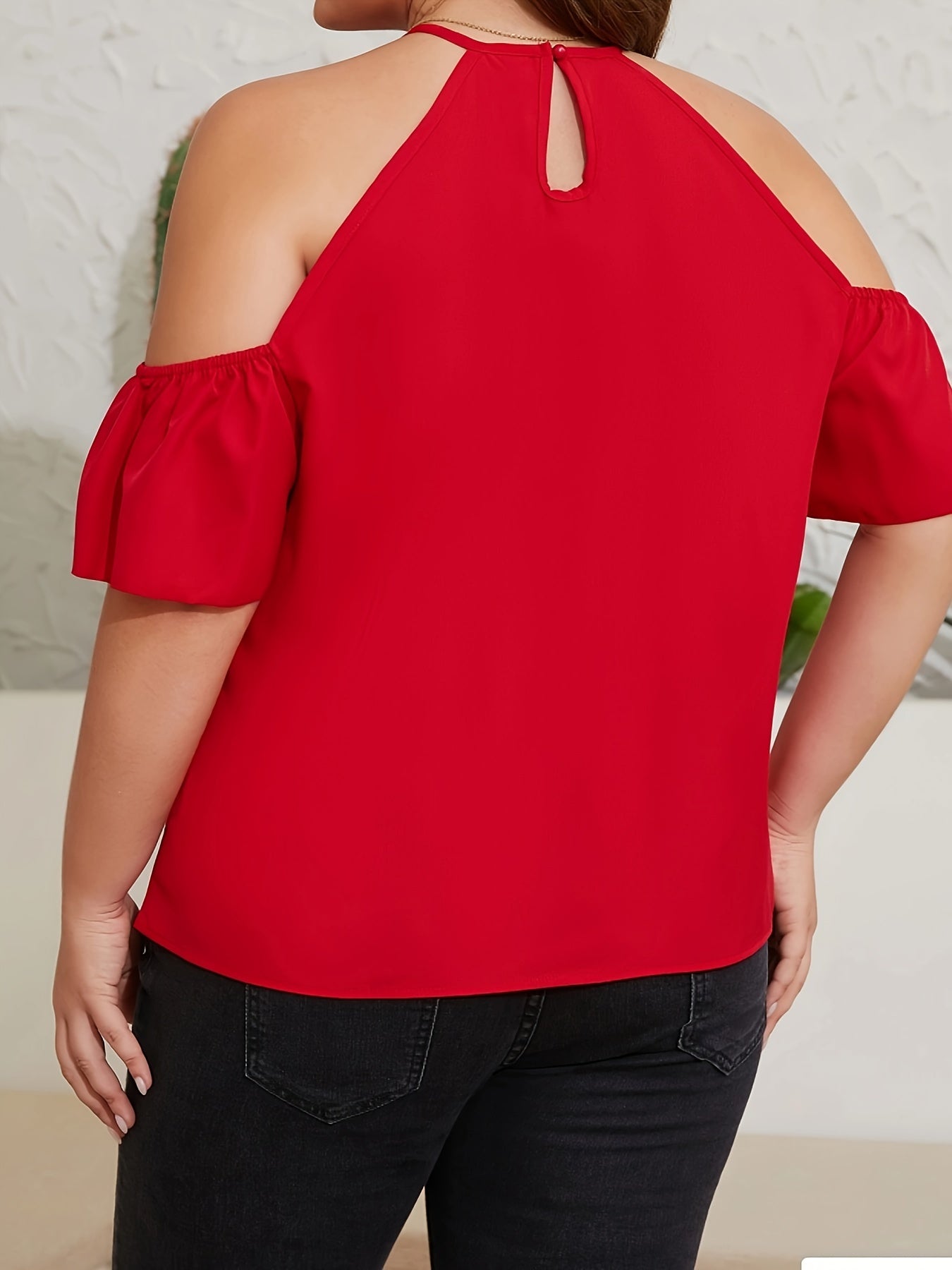 Cold Shoulder Butterfly Sleeve Halter Neck Blouse
