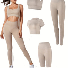 4pcs Yoga Workout Sets Sports Top & Sports Bra High Waist Shorts & Leggings