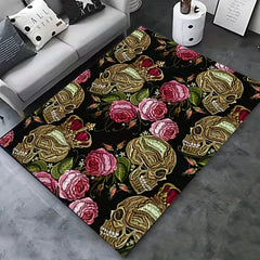 Dark Embroidery Skeleton Pattern Rug Halloween Decor