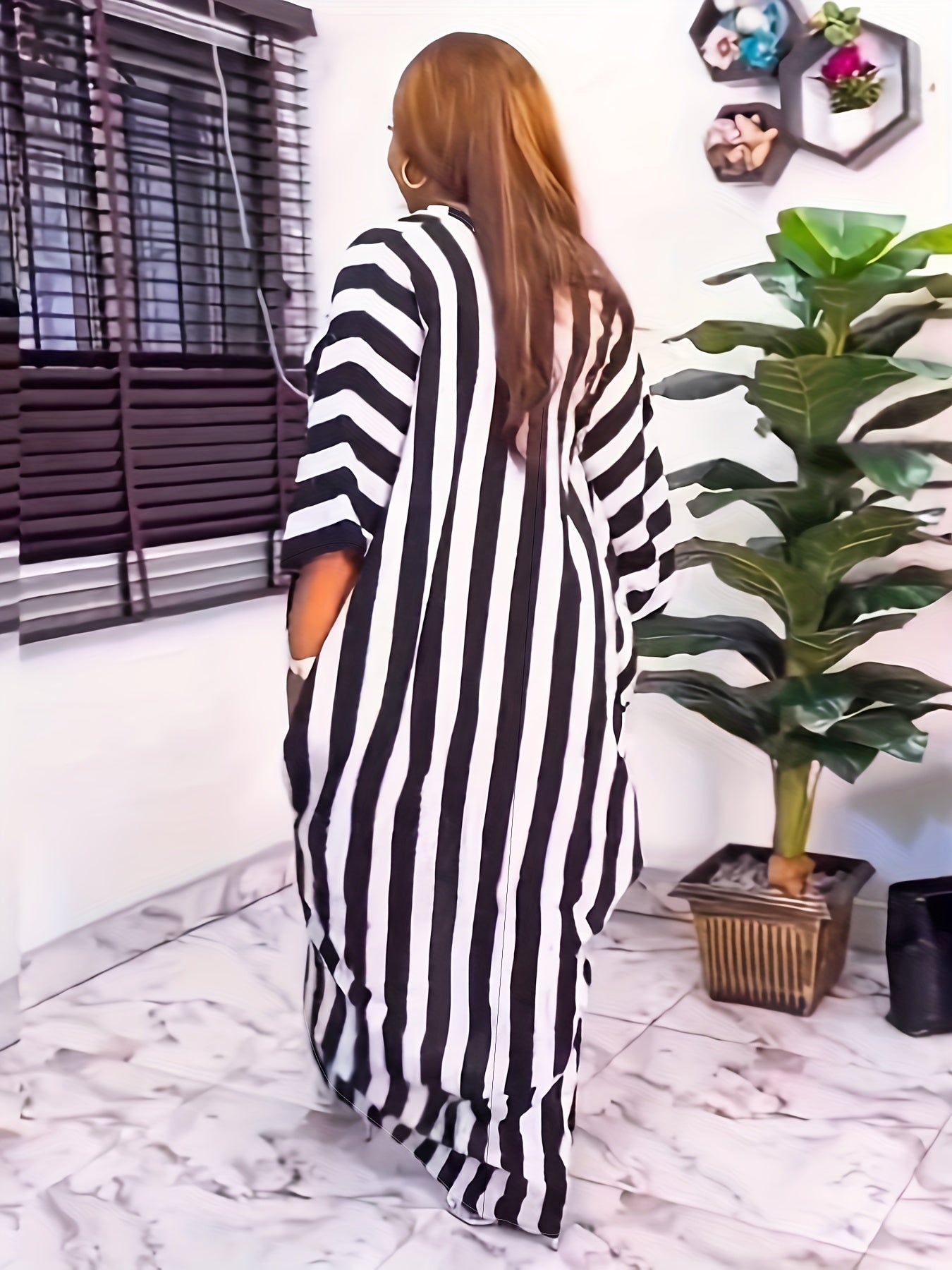 Women's Plus Stripe Bat Sleeve V Neck Party Dress