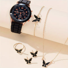 Kids PVC Strap Quartz Watch & Jewelry Set