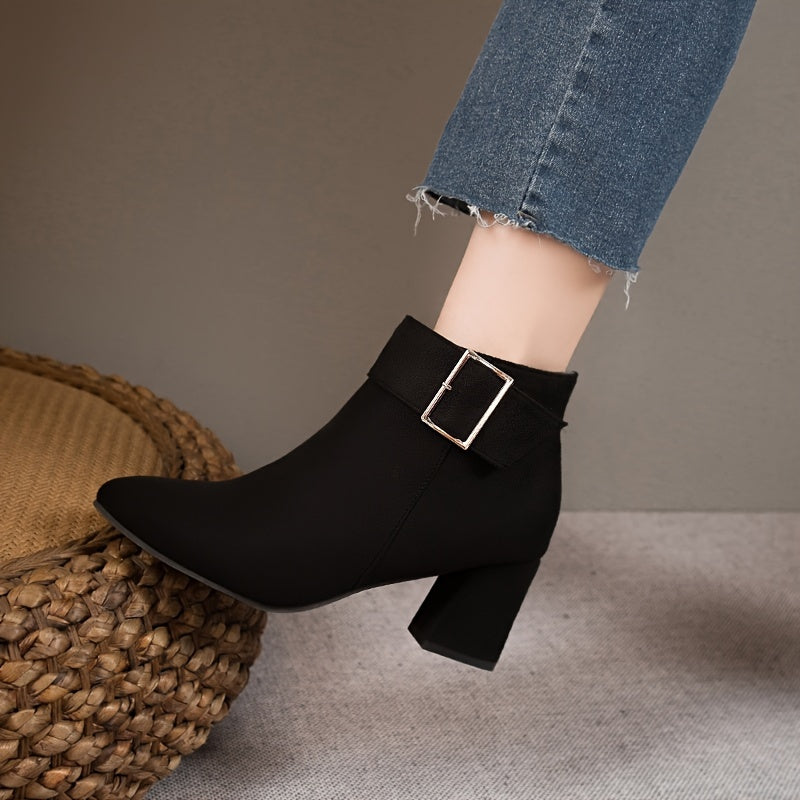 Women's Chunky Heel Ankle Boots with Buckle Decor Side Zip