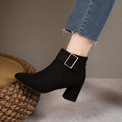 Women's Chunky Heel Ankle Boots with Buckle Decor Side Zip
