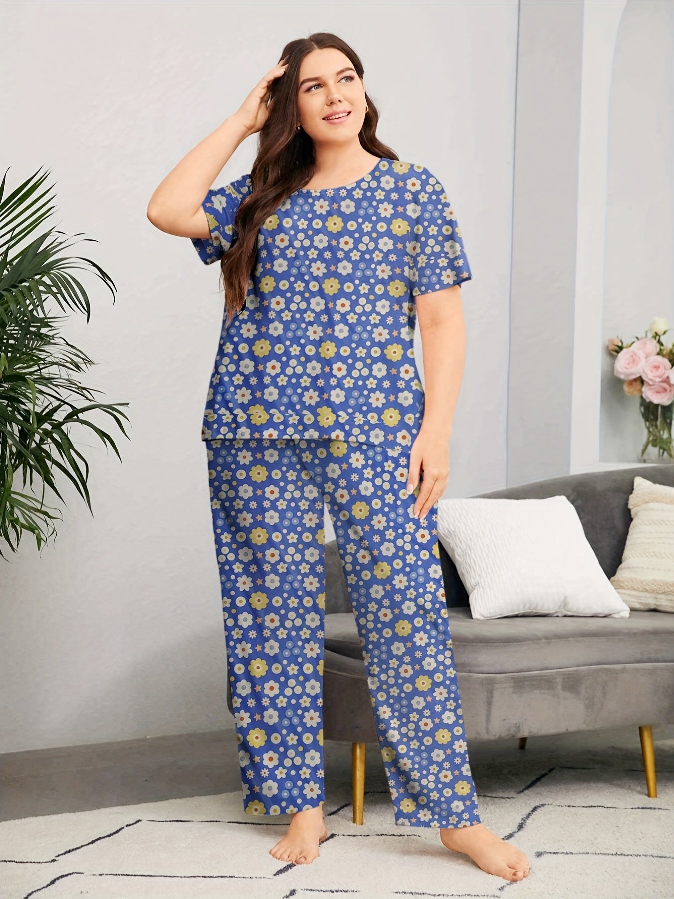 Floral Print Pajama Set Women's Short Sleeve Top & Pants