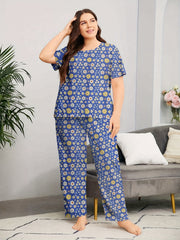 Floral Print Pajama Set Women's Short Sleeve Top & Pants