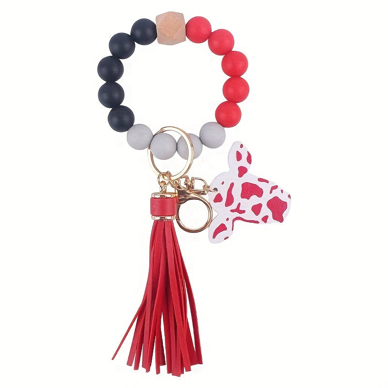 Cow Head Pattern Silicone Beaded Bracelet Keychain Pendant
