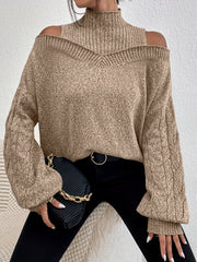 Cold Shoulder 2 In 1 Knit Sweater High Neck Long Sleeve Women's Clothing