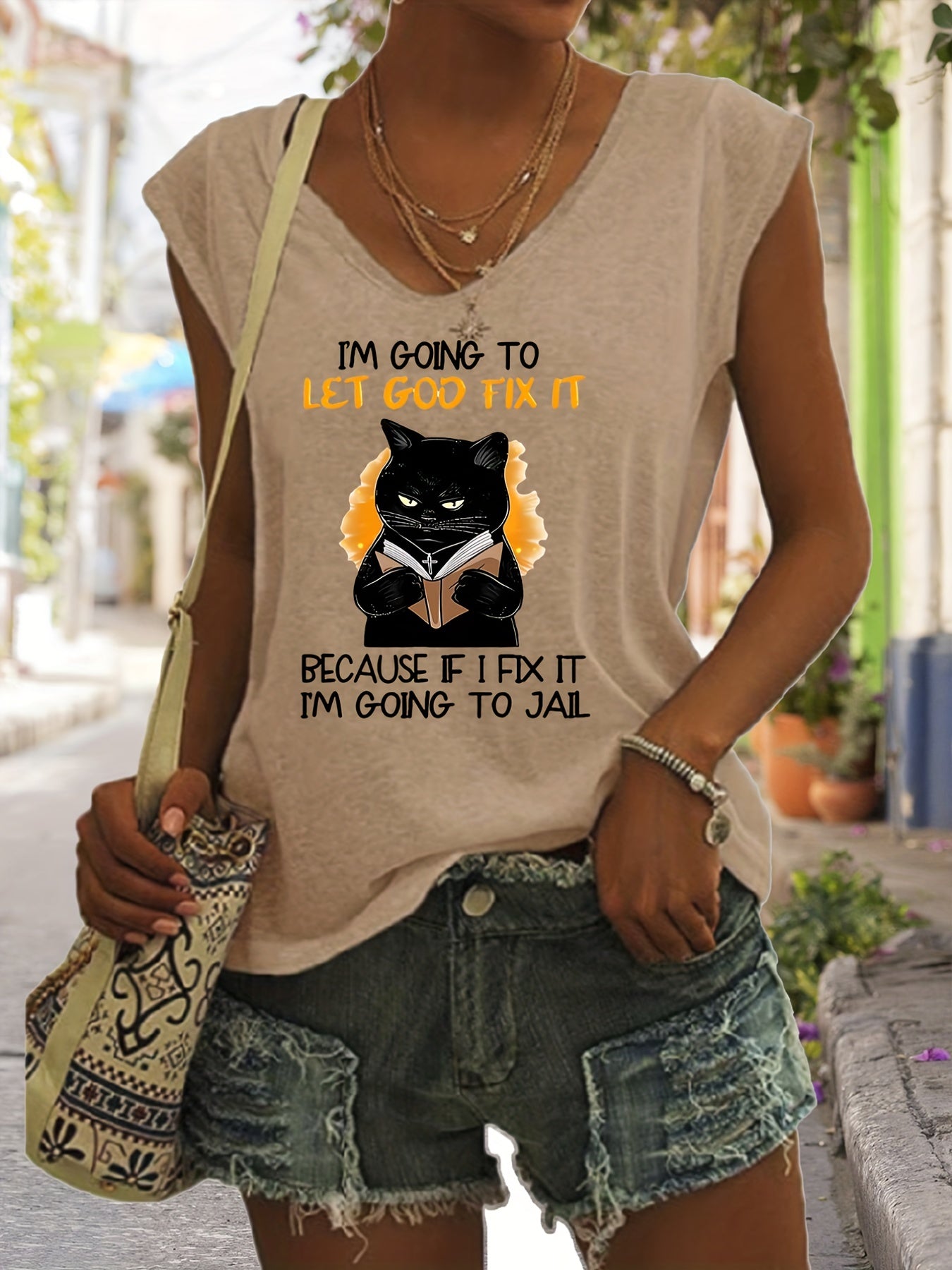 Cartoon Cat Tank Top Sleeveless V Neck Casual Top for Women