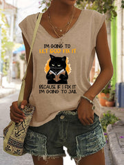Cartoon Cat Tank Top Sleeveless V Neck Casual Top for Women
