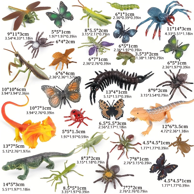 26pcs Realistic Insect Model Set Butterflies Mantis Spider Lizard Frog & More