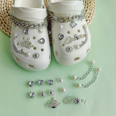 14pcs Silver Crown Letter Ornaments Rhinestone Chain Clogs Decoration Set