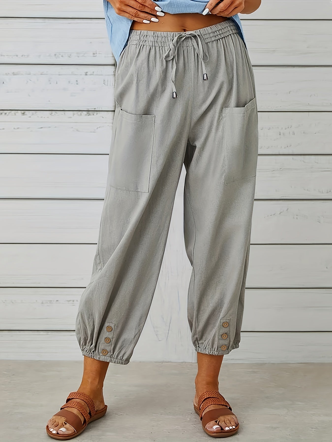 Solid Drawstring Cropped Pants Casual Elastic Waist Pants