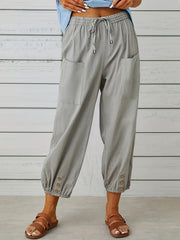 Solid Drawstring Cropped Pants Casual Elastic Waist Pants