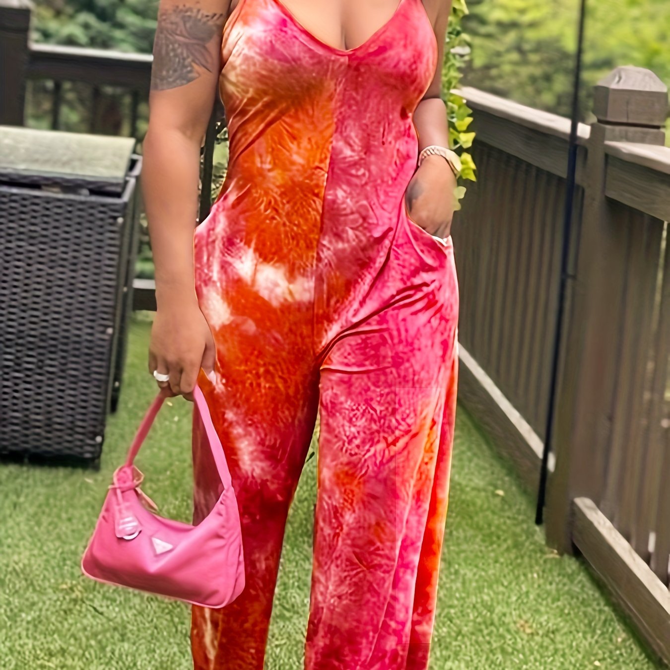 Tie Dye Spaghetti Strap Jumpsuit Sexy V Neck Sleeveless Wide Leg Jumpsuit