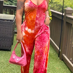 Tie Dye Spaghetti Strap Jumpsuit Sexy V Neck Sleeveless Wide Leg Jumpsuit