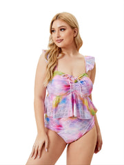 Floral Trim Drawstring Front Tankini Women's Plus