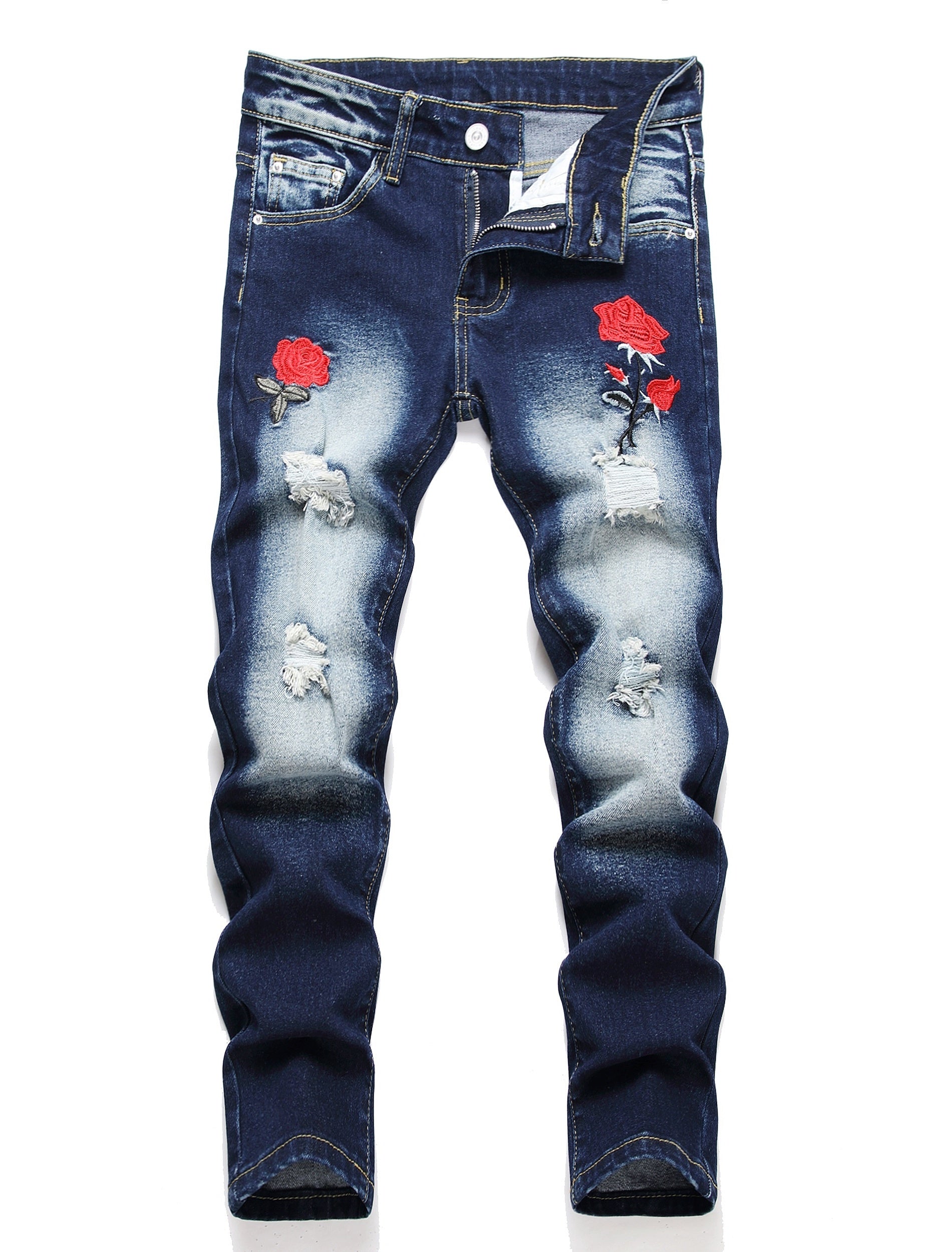 Boys Rose Print Ripped Jeans Skinny Denim Pants