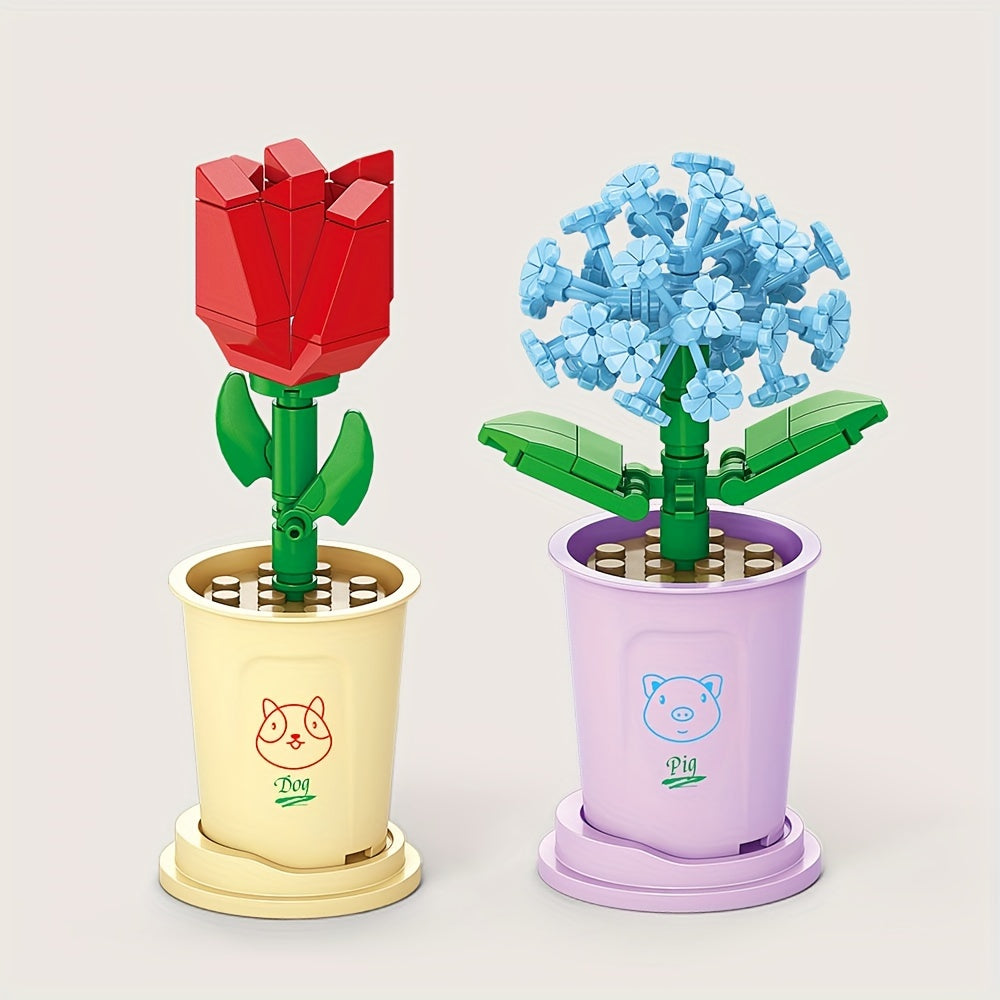 Flowers Assembled Building Block Toys Red Rose Model Hydrangea