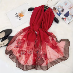 Silk Scarf Embroidered Beads Decorative Shawl Thin Sunscreen Shawl