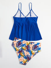 Colorblock Tropical Print Cut Out Bikini Set Women's Plus