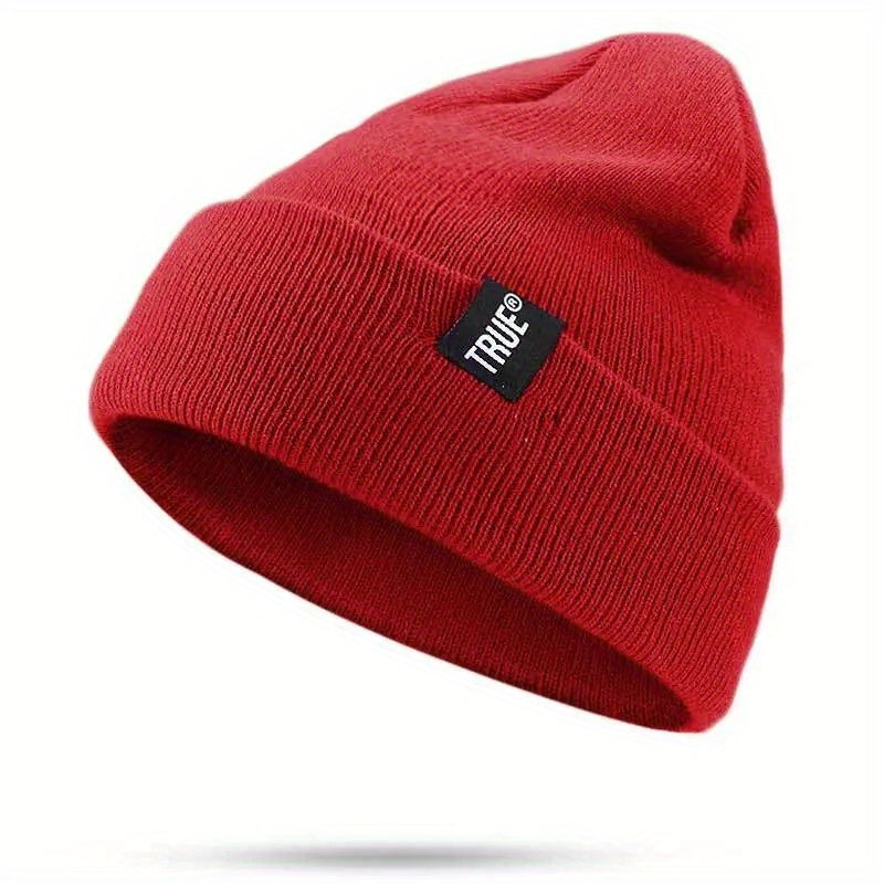 Label Patch Unisex Beanie Solid Casual Elastic Knit Hat Skull Cap Warm Beanies