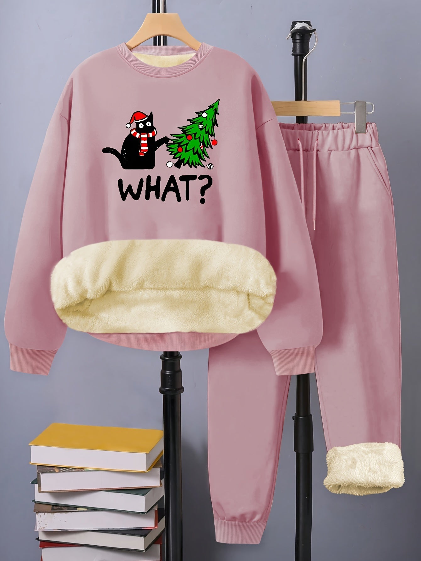 Women's Plus Size Xmas Letter Cat Tree Print Fleece Liner Top & Pants Set