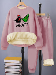 Women's Plus Size Xmas Letter Cat Tree Print Fleece Liner Top & Pants Set