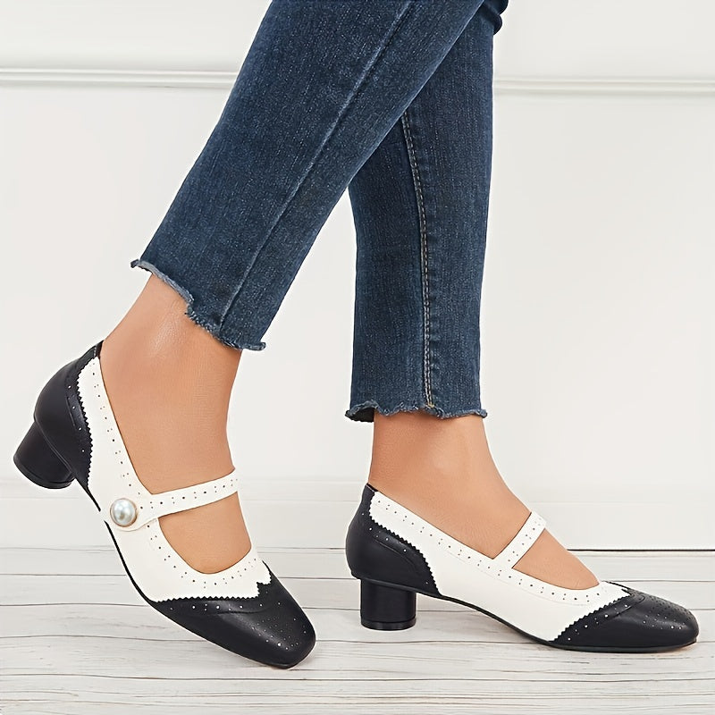 Women's Retro Colorblock Low Heels Mary Jane Dress Pumps