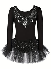 Girls Sequin Long Sleeve Ballet Tutu Leotard for Dance Performance