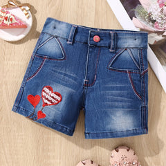 Girls' Stretch Heart Embroidered Denim Shorts for Street Outwear