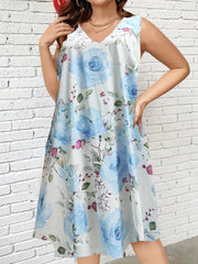 Women's Rose Print V Neck Stretch Tank Dress