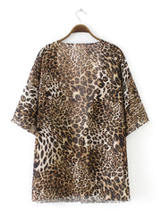 Leopard Print V Neck Cover Up Shirt Loose Fit Long Sleeve Rash Guard Kimono