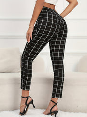 Plaid Pocket Skinny Pants High Waist Summer Workout Comfy Slim Pants