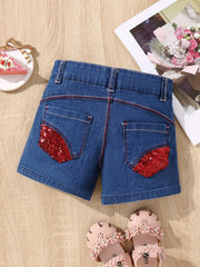 Girls' Stretch Heart Embroidered Denim Shorts for Street Outwear