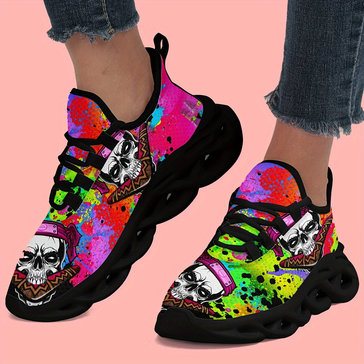 Skull & Tie dye Thick Sole Running Shoes Breathable Lightweight Sneakers