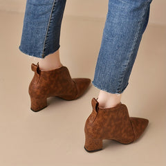 Women's Snakeskin V-cut Ankle Boots Chunky Heel Slip On Retro Short Boots