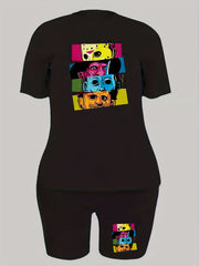 Women's Plus Casual 2 Piece Set Letter & Cartoon Print Top & Shorts Outfit