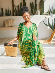 Tie Dye Striped V Neck Bat Sleeve Beach Cover Up Dress