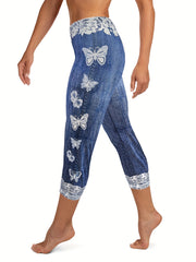 Denim & Butterfly Print Skinny Capris Leggings for Women