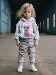 OERYUI Kitty Print 2pcs Girls Hoodies Jogger Pants Set for Sports